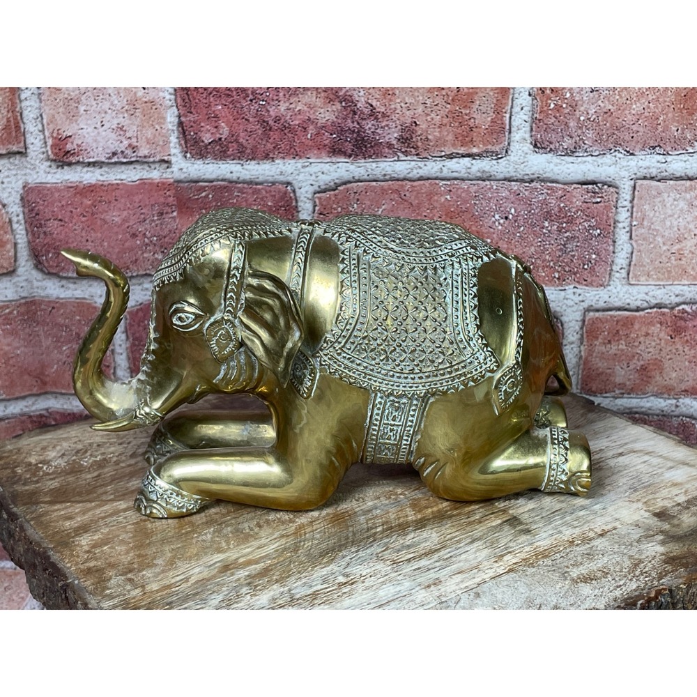 Vintage Brass Elephant Figurine Ornate Etched Kneeling Trunk Up Statue 8 Inch